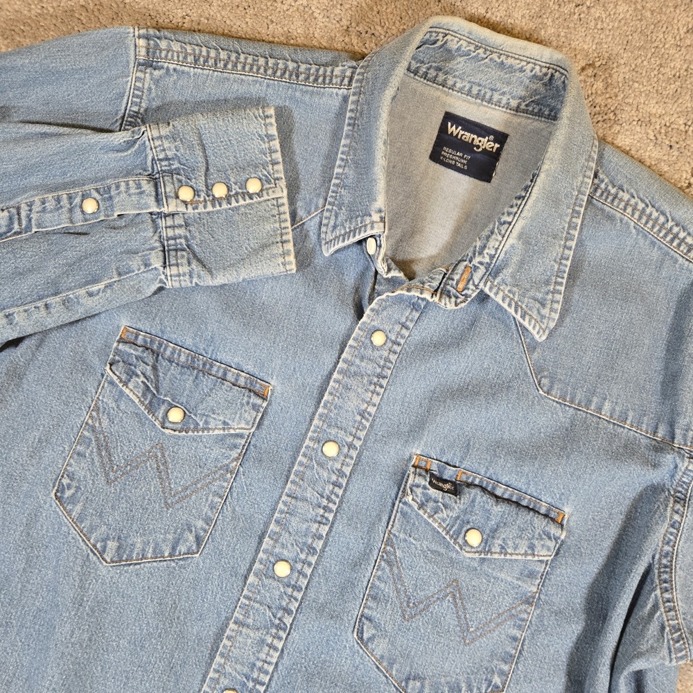 Wrangler Mens Blue Jean Western Pearl Snap Long Sleeve Shirt Size XL